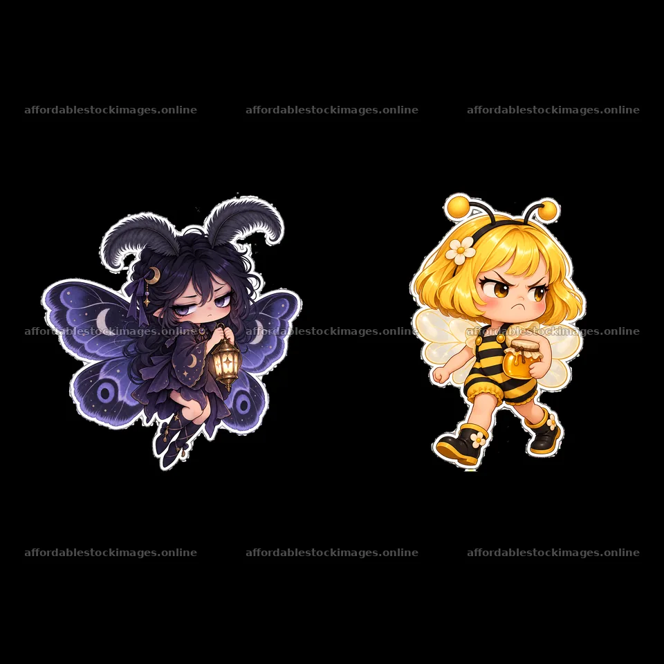 Kawaii grumpy fairy duo with lantern and honey jar – stock images 7746x7746