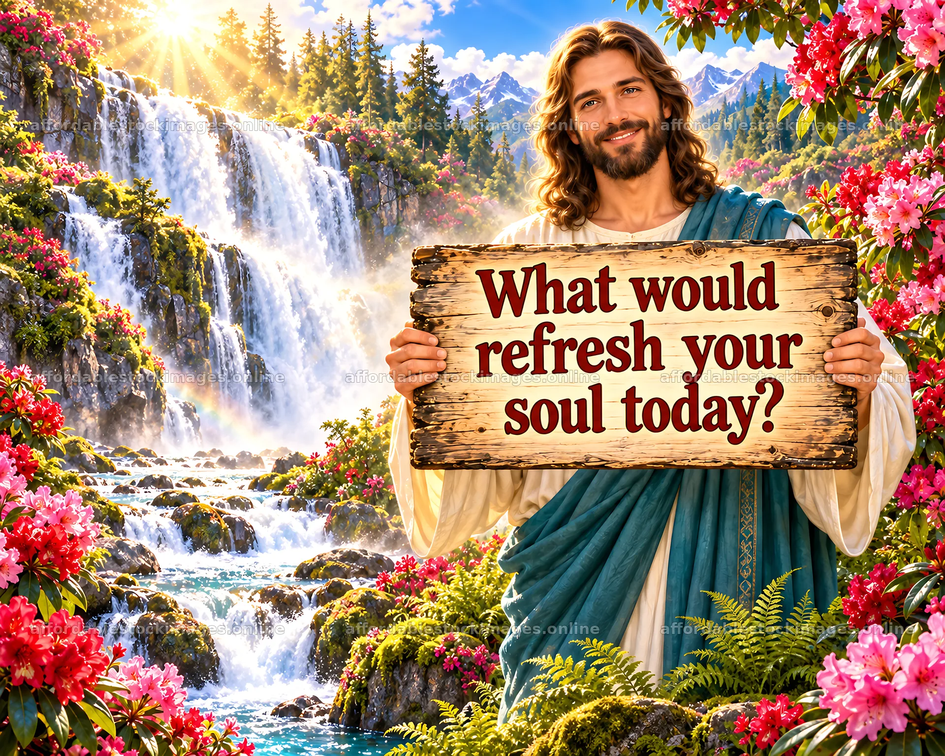 Jesus Christ inviting reflection in a natural setting – stock images 8659x6930