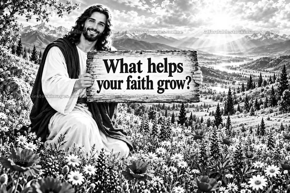 Jesus Christ holding a sign asking what helps your faith grow – stock images 9487x6325