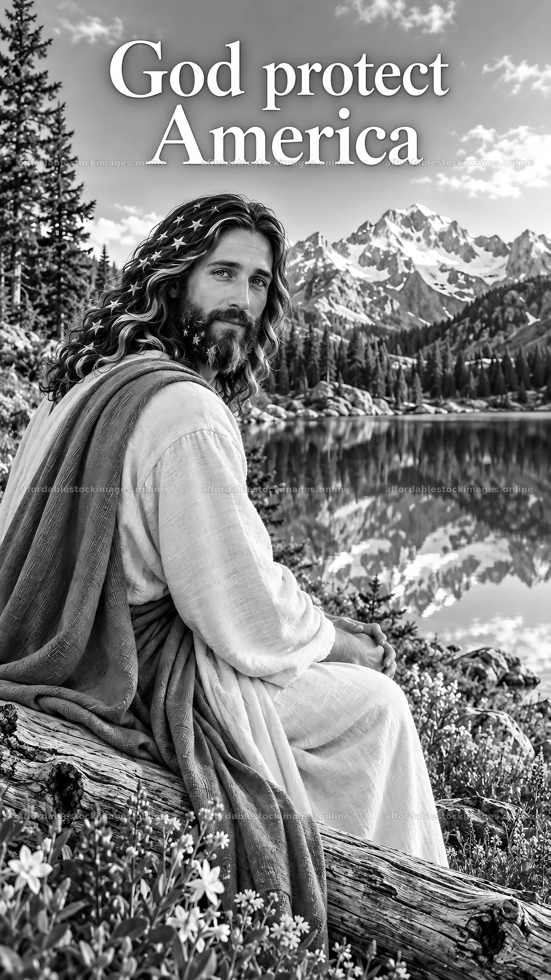 Jesus Christ sitting by a lake in a mountain landscape – stock images 5811x10326