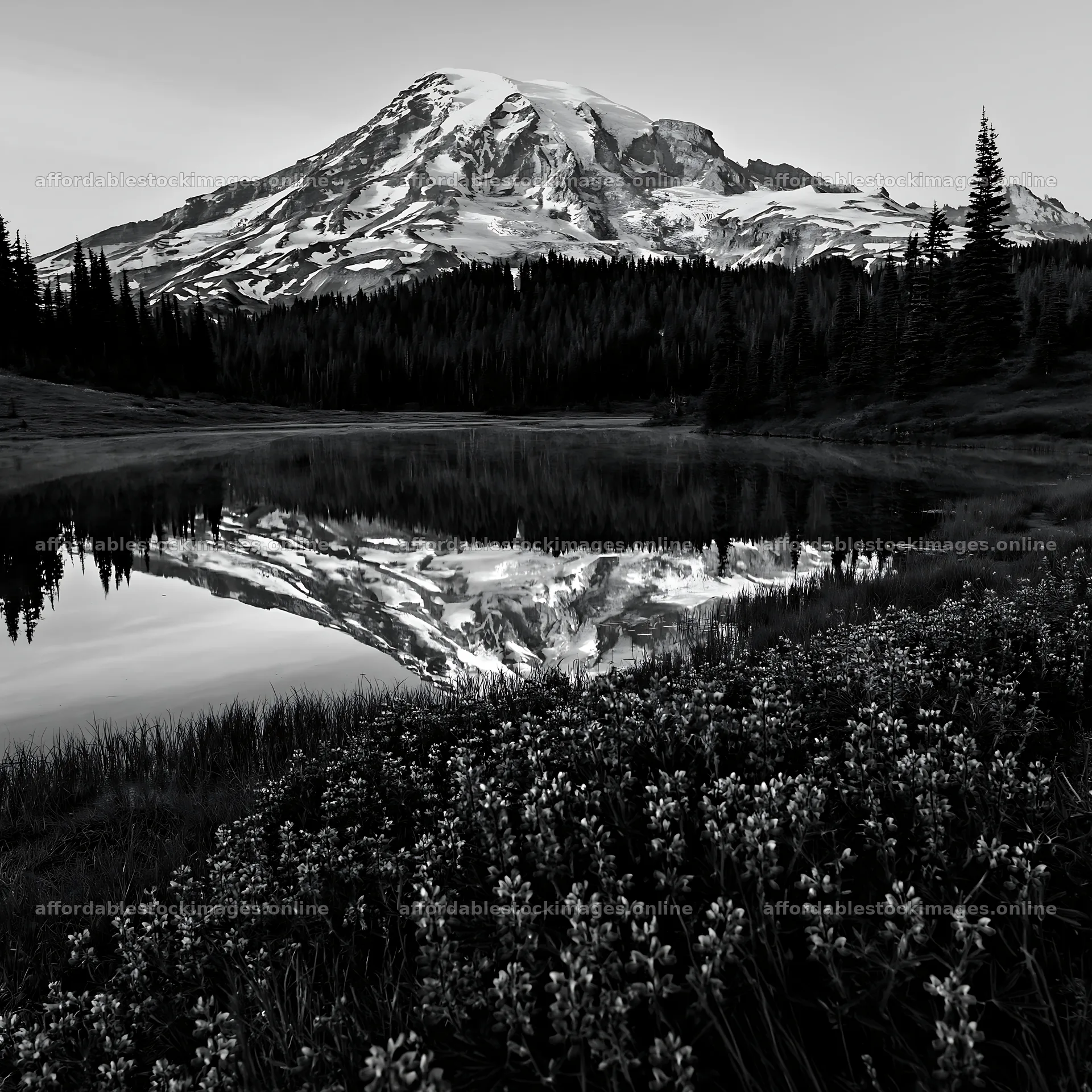 Mount Rainier wildflower meadow sunrise with reflection – stock images 7938x7938