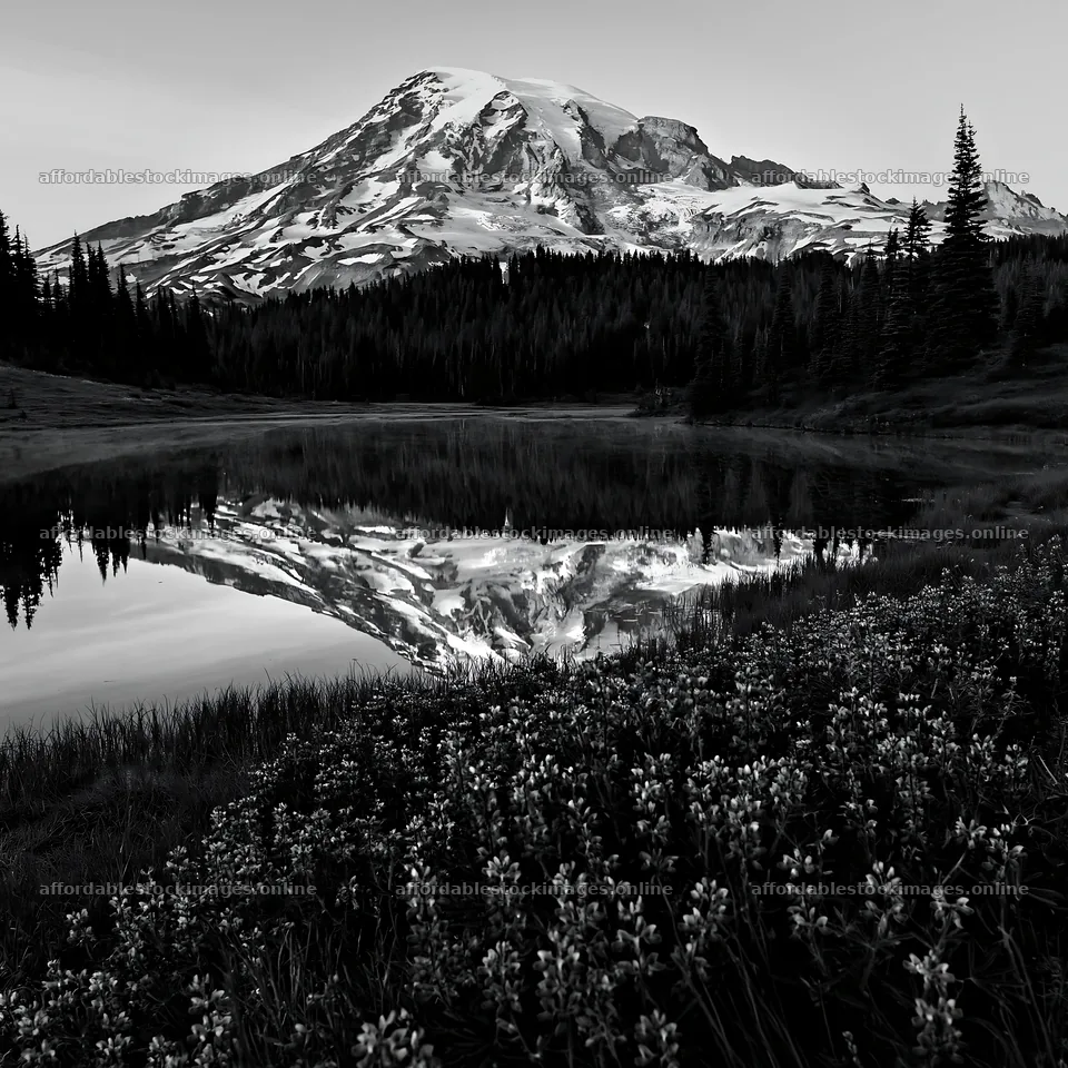 Mount Rainier wildflower meadow sunrise with reflection – stock images 7938x7938