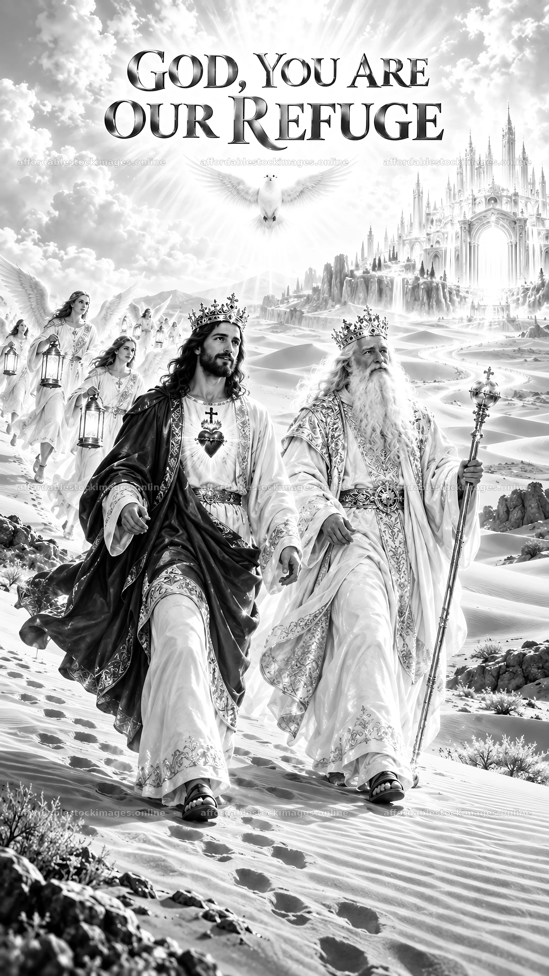 Jesus Christ walking with God in a divine landscape – stock images 5811x10326