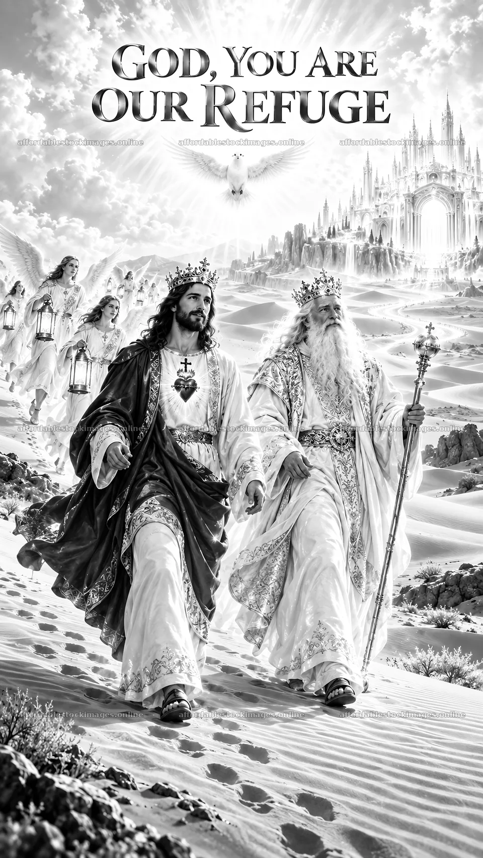 Jesus Christ walking with God in a divine landscape – stock images 5811x10326