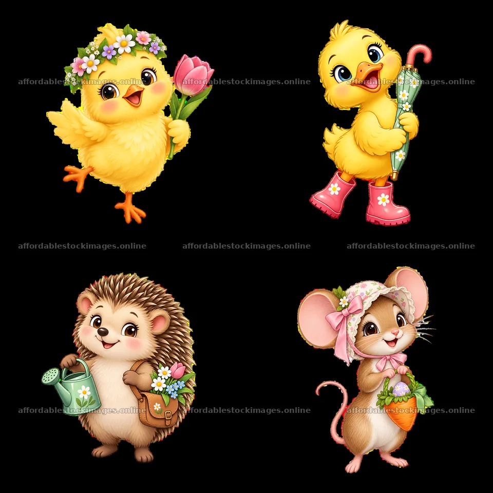 Easter characters with a chick, duck, hedgehog, and mouse in a – stock images 7746x7746