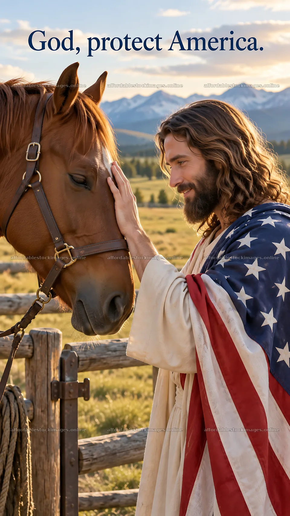 Jesus Christ comforting a horse in a scenic landscape – stock images 5811x10326