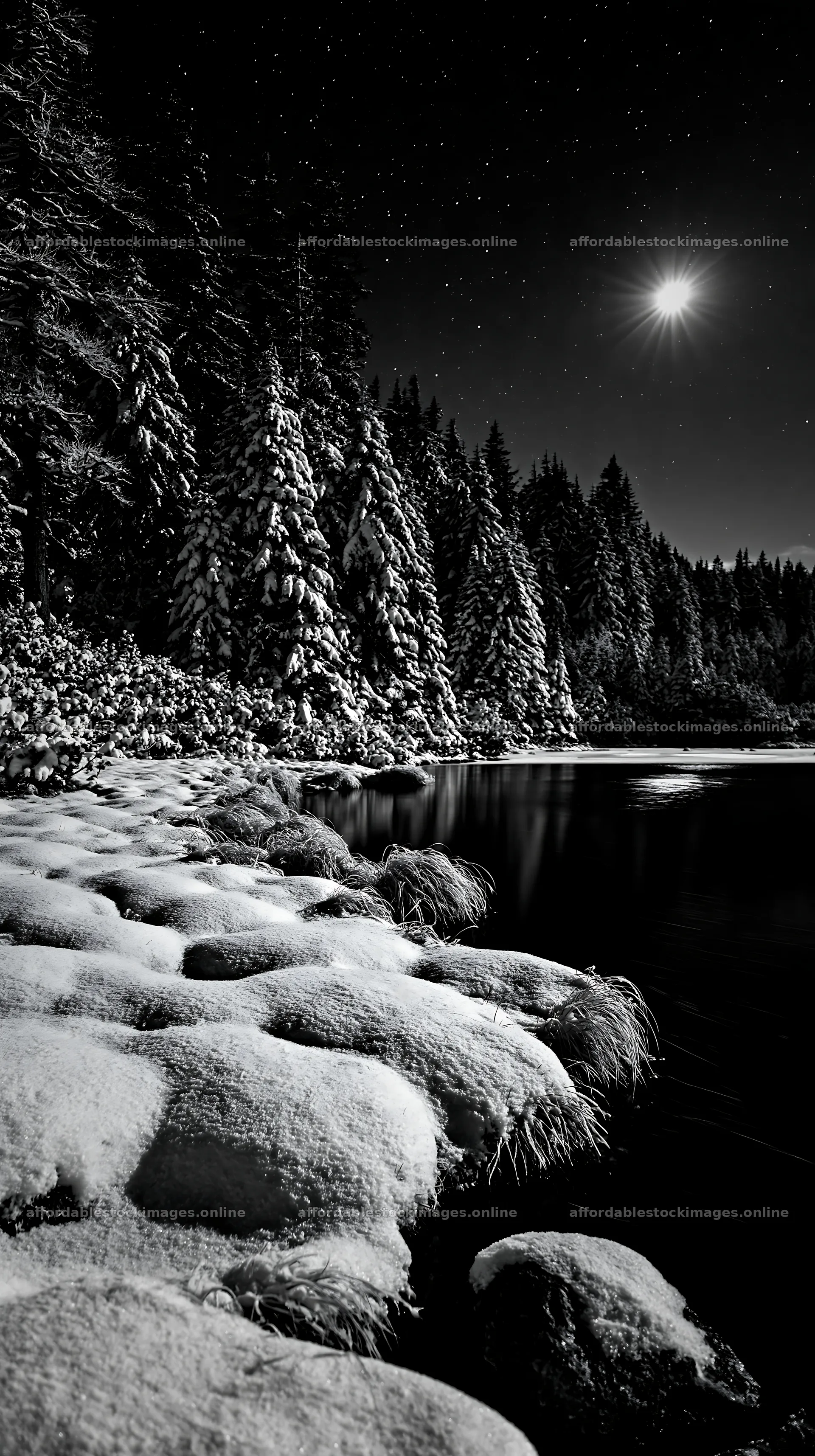 Snowy lakeside meadow at night with evergreen trees – stock images 5938x10608