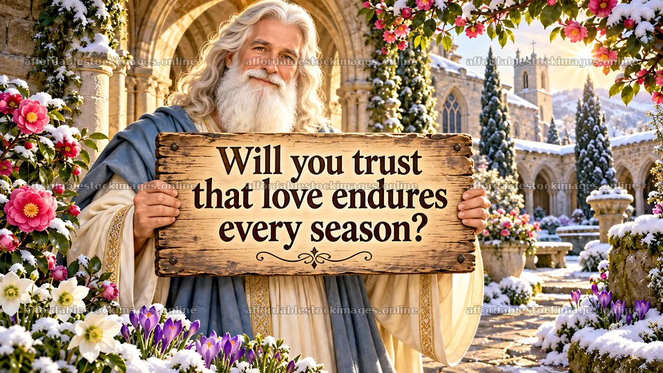Jesus Christ holding a sign asking about enduring love – stock images 10324x5812