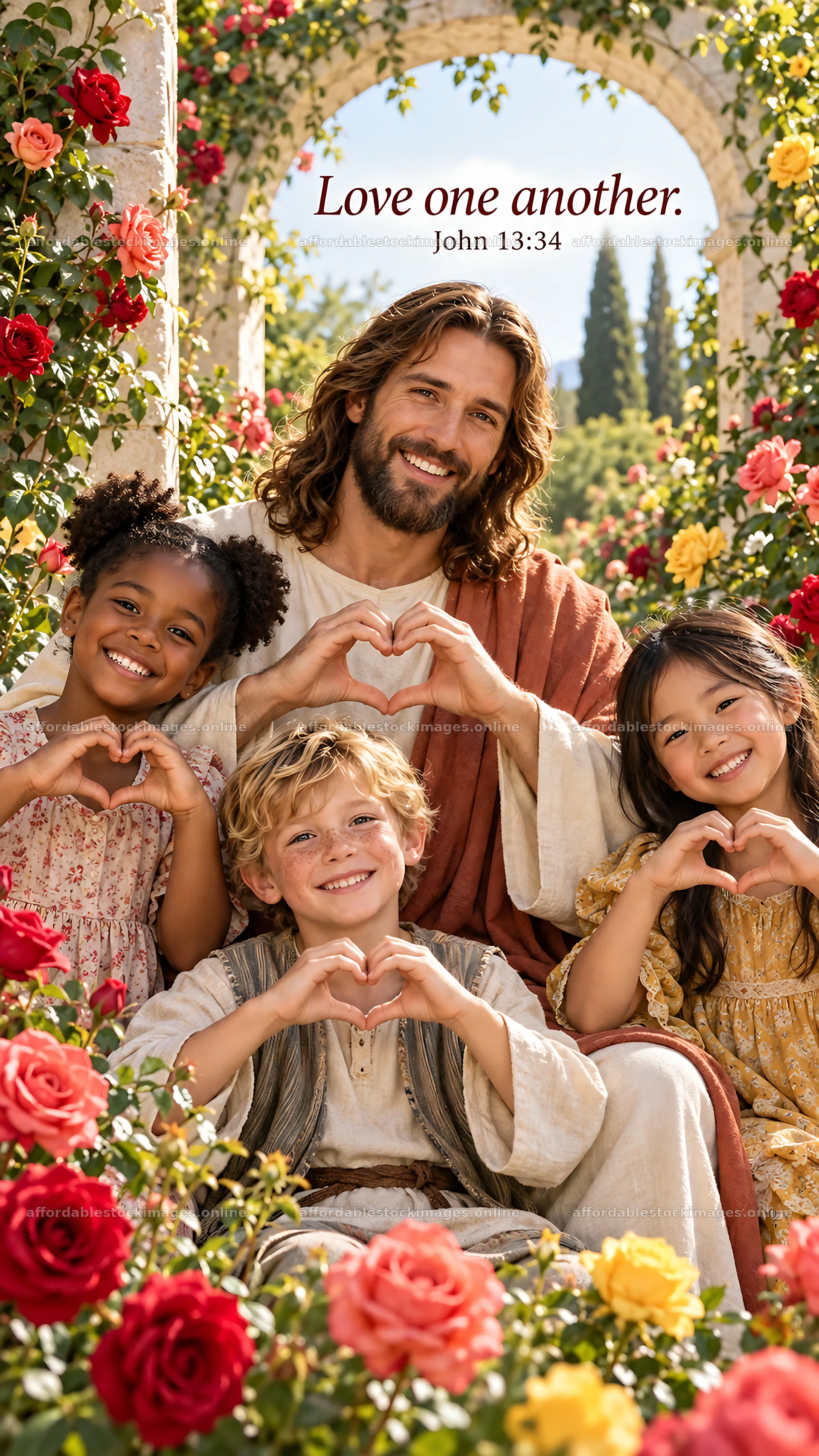 Jesus Christ sharing love with children in a garden setting – stock images 5811x10326