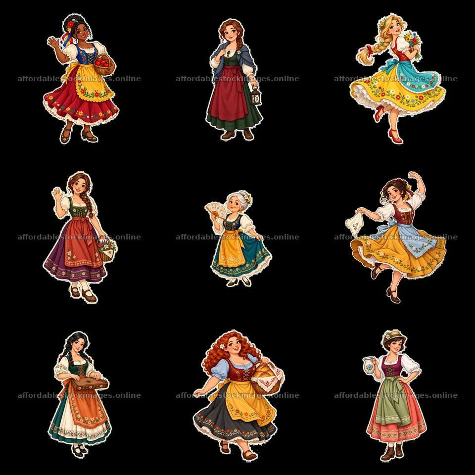 Traditional folk women in colorful dresses in a 3x3 layout – stock images 7746x7746