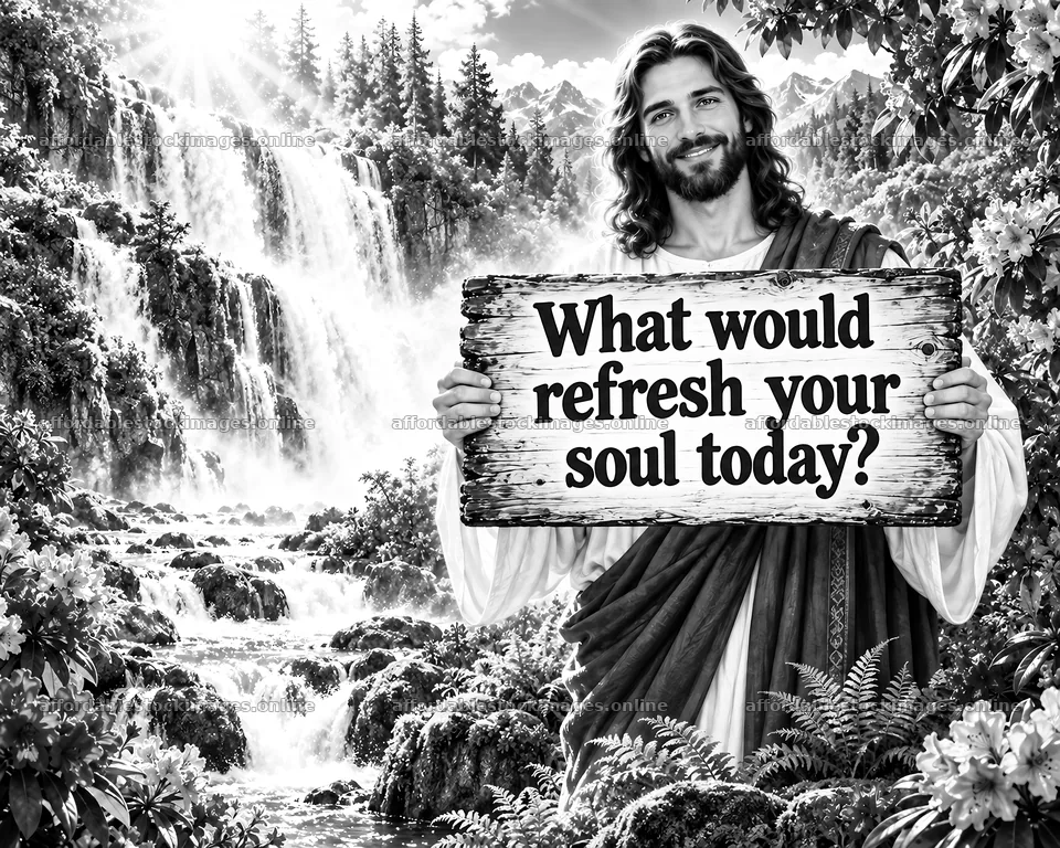 Jesus Christ inviting reflection beside a flowing waterfall – stock images 8659x6930