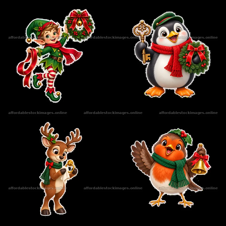 Christmas characters with wreaths and bells on a holiday door – stock images 7746x7746