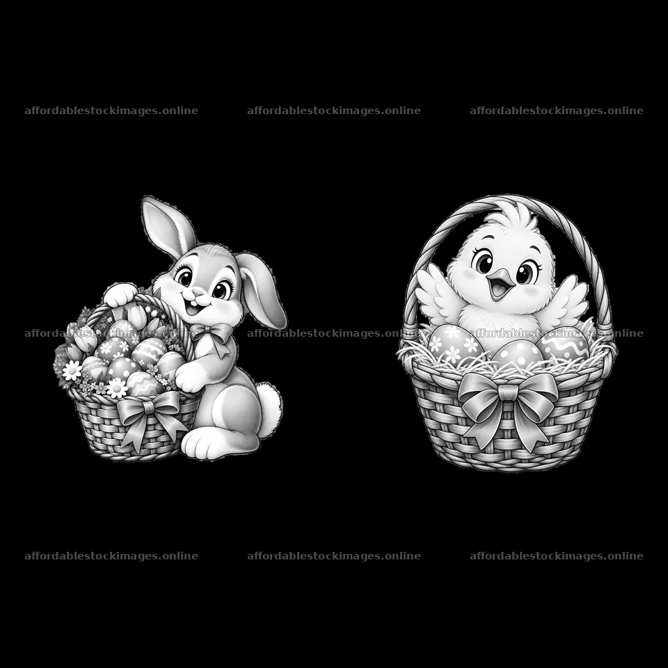 Easter bunny and chick with baskets of eggs in monochrome design – stock images 7746x7746