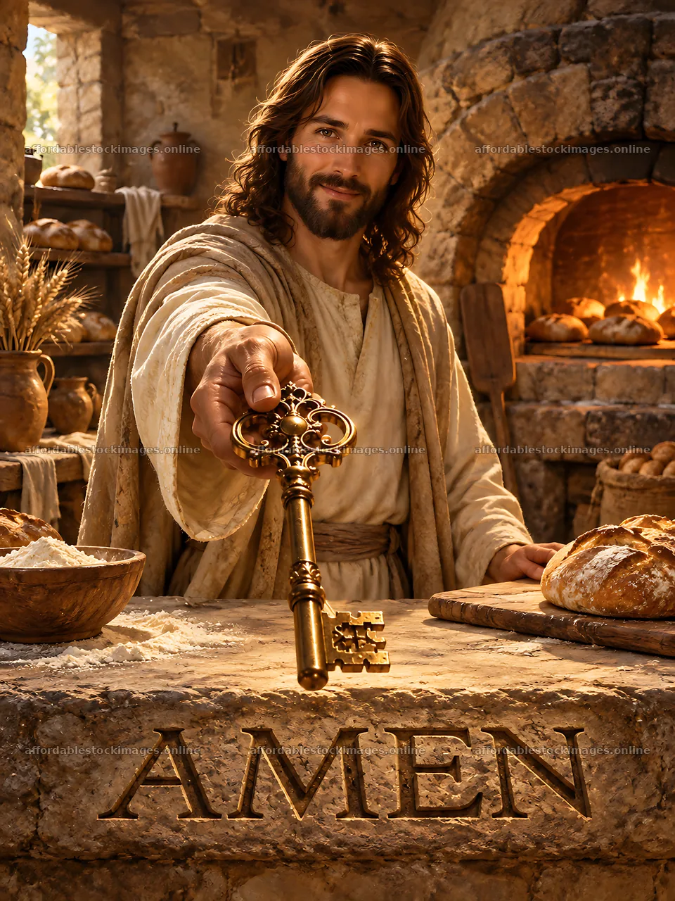 Key of bread oven held by a figure next to baked goods – stock images 6874x9166