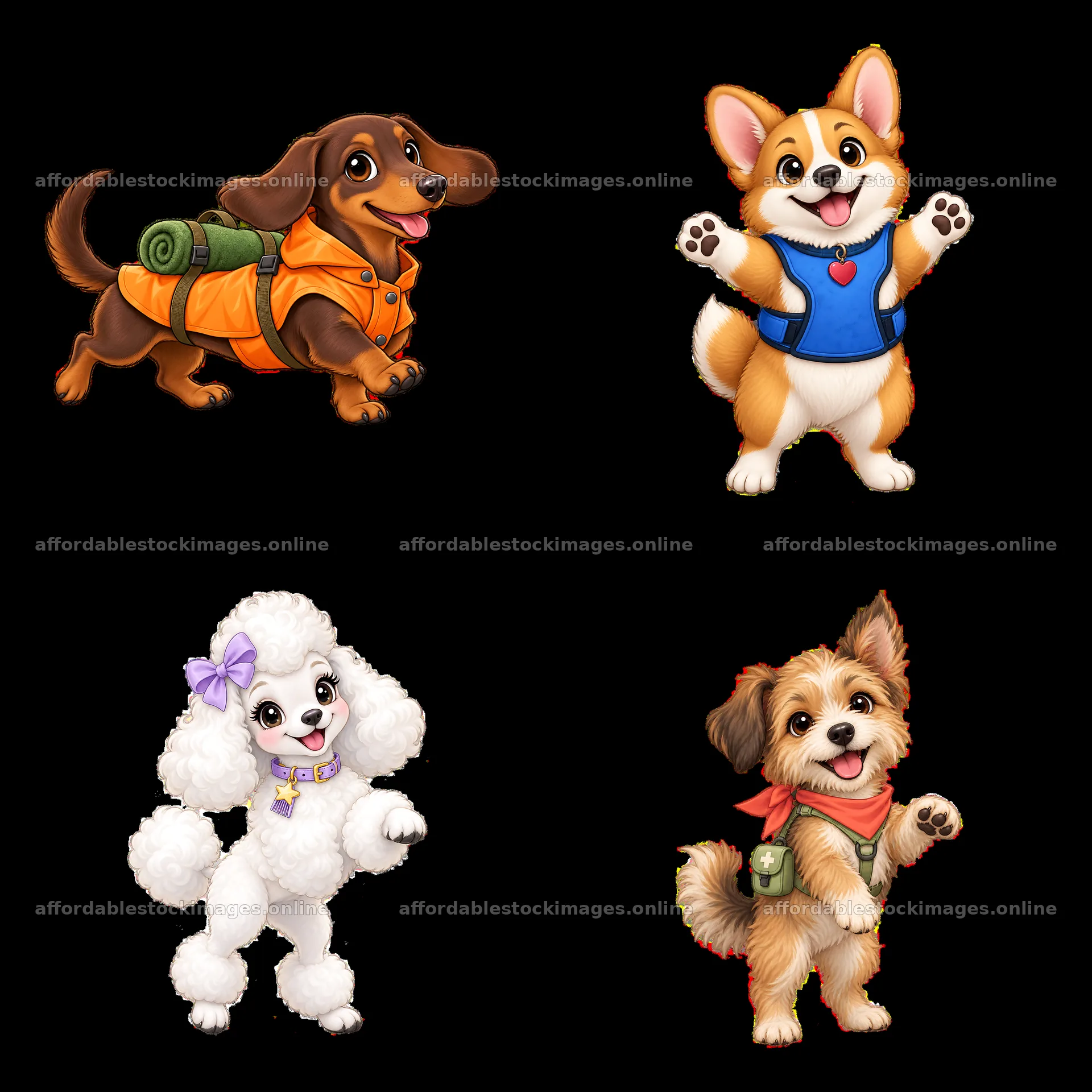 Cute K-9 dogs in colorful outfits and playful poses – stock images 7746x7746