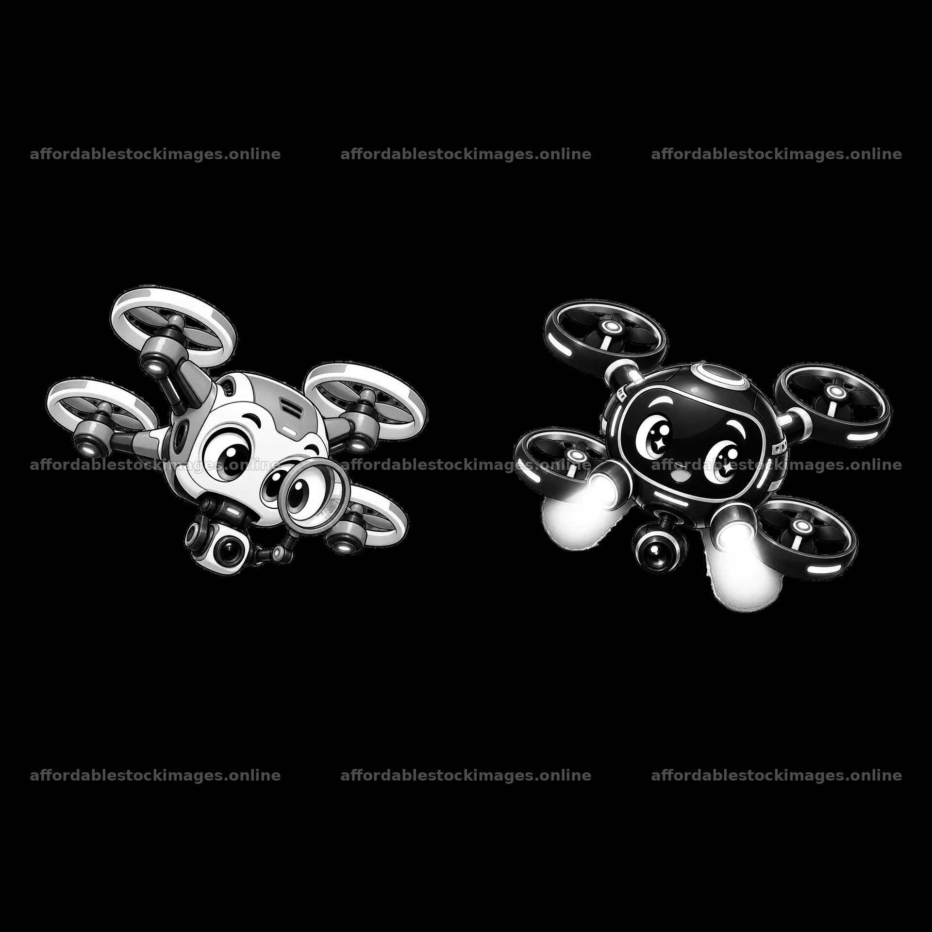 Two cartoon drones with distinct features and expressions – stock images 7746x7746