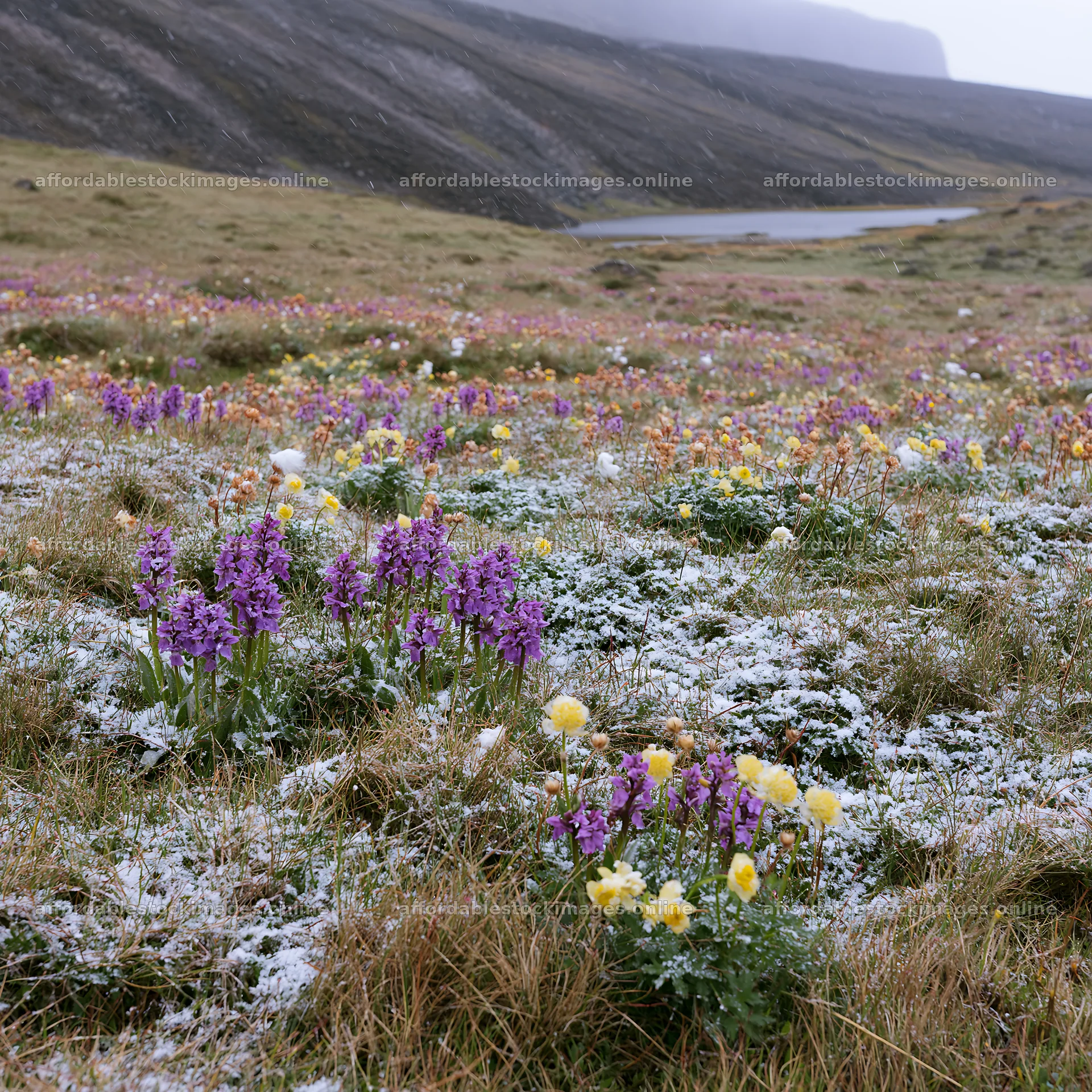 Colorful orchid meadow with blooming flowers near a lake – stock images 7938x7938