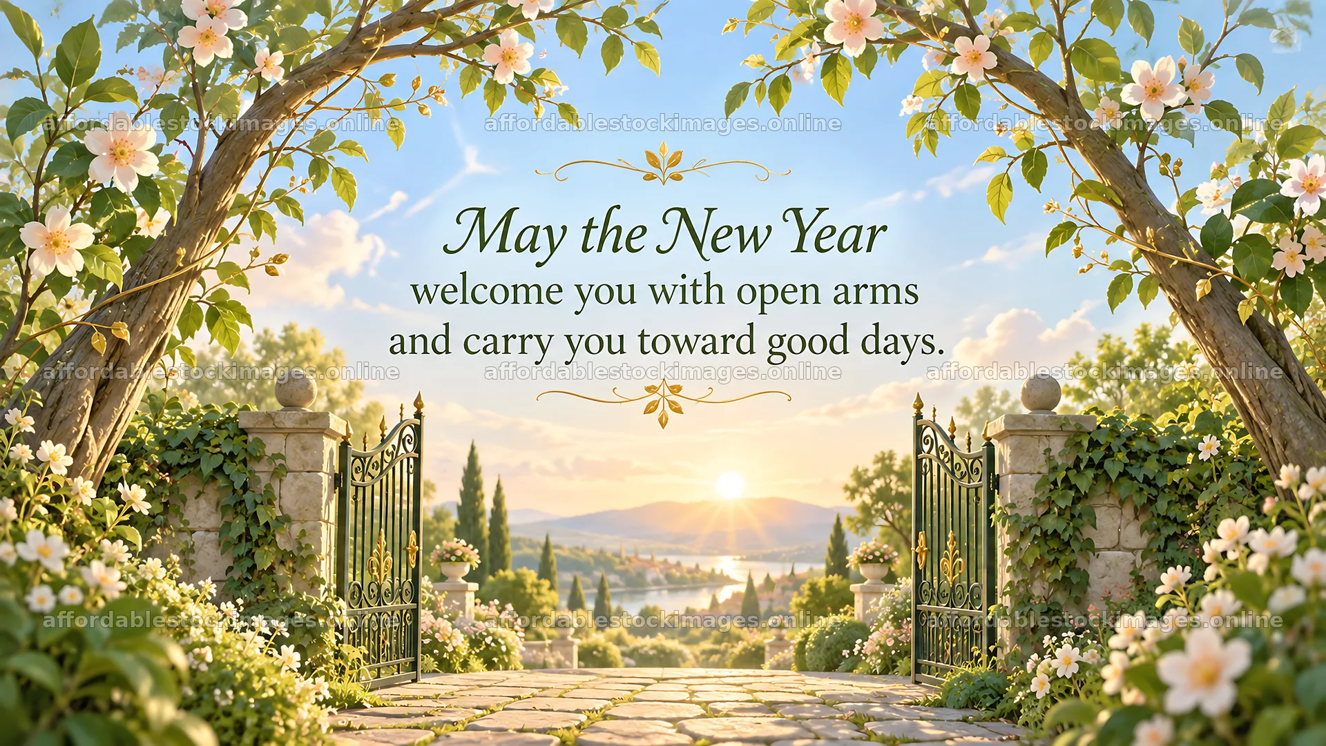 New Year Greeting at an Open Garden Gate – stock images 10324x5812
