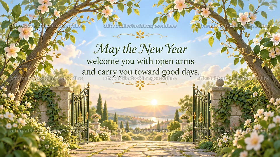 New Year Greeting at an Open Garden Gate – stock images 10324x5812