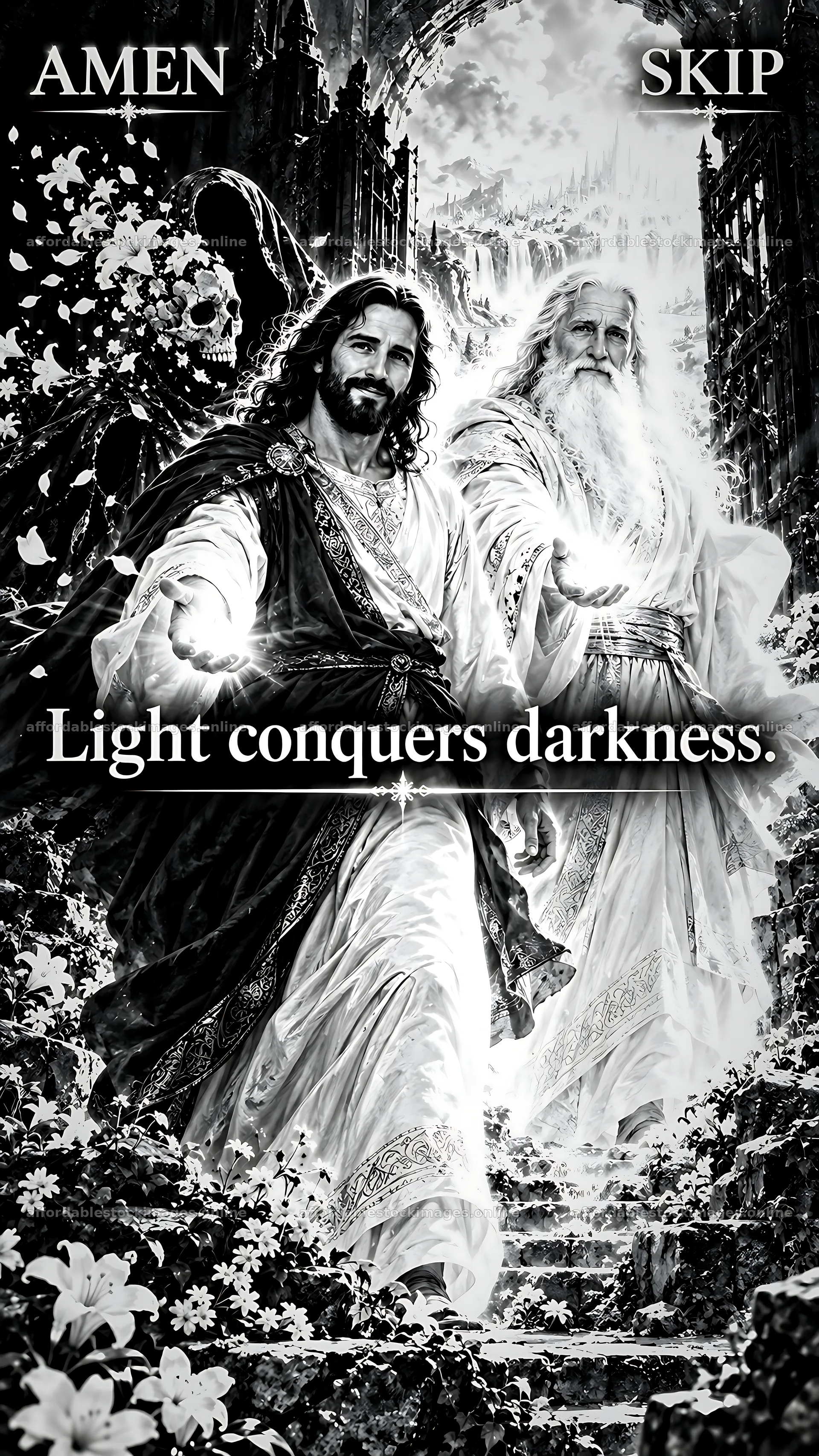 Jesus Christ bringing light to darkness – stock images 5954x10580