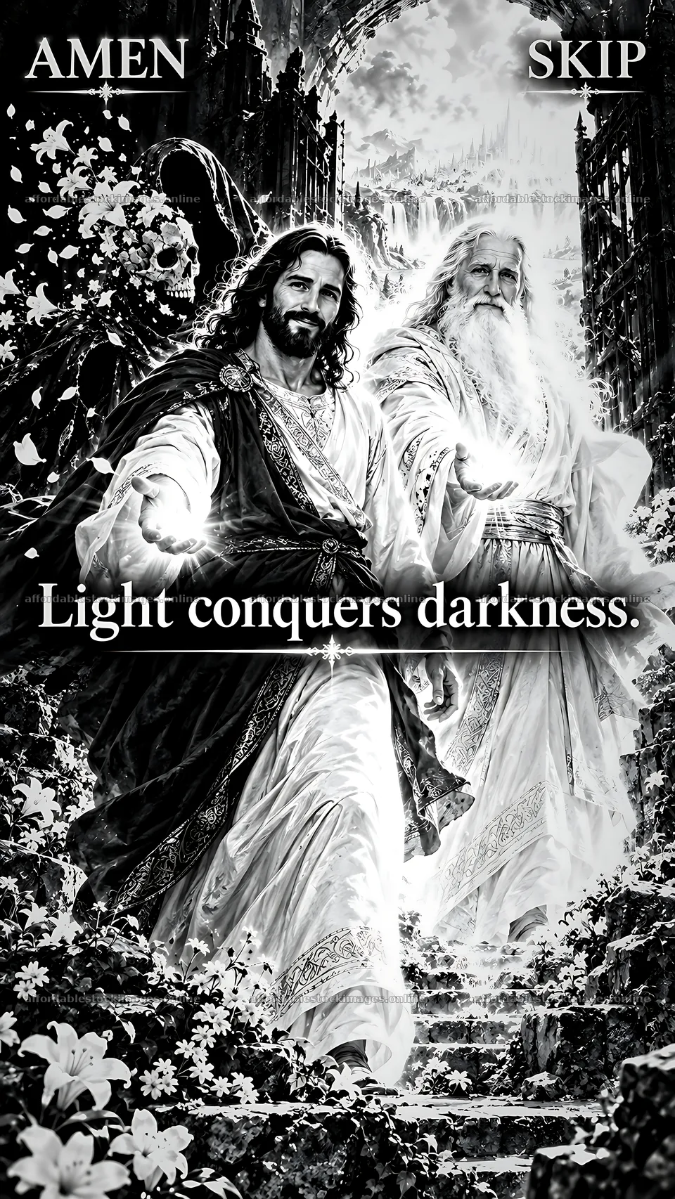 Jesus Christ bringing light to darkness – stock images 5954x10580
