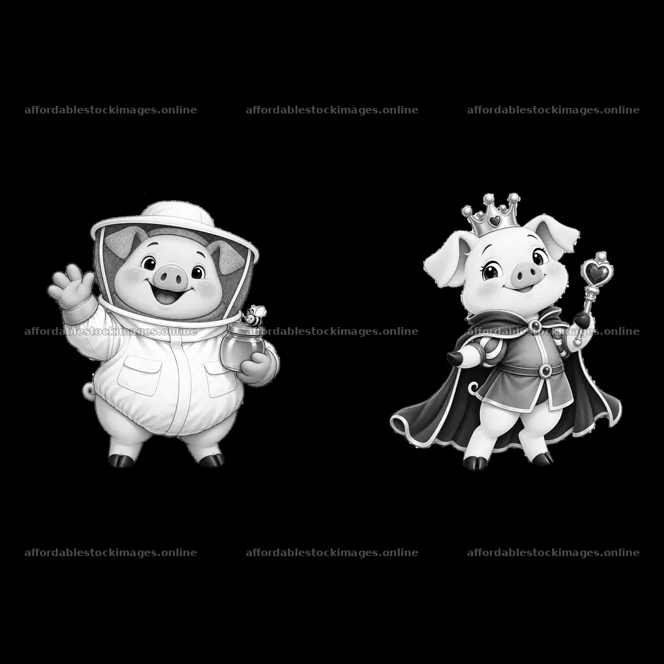 Two cartoon pigs wearing costumes and holding props – stock images 7746x7746