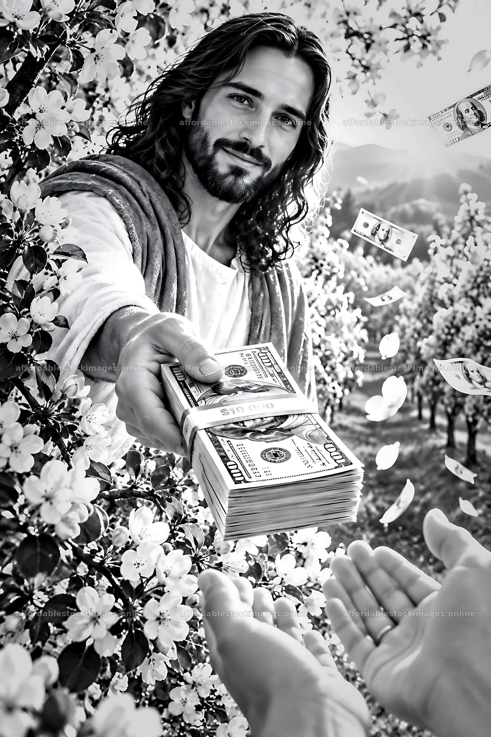 Blossoms of kindness with hands exchanging money – stock images 6480x9722