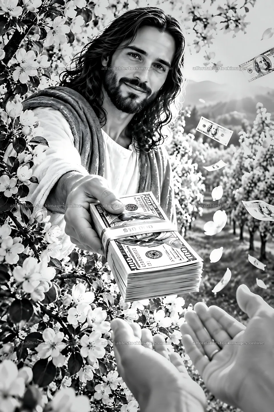 Blossoms of kindness with hands exchanging money – stock images 6480x9722