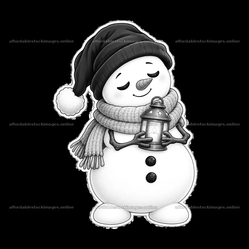 Snowman holding lantern in winter attire with scarf and hat – stock images 7746x7746