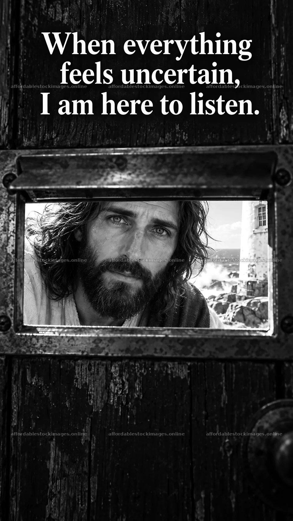 Jesus Christ comforting through a door view – stock images 5811x10326