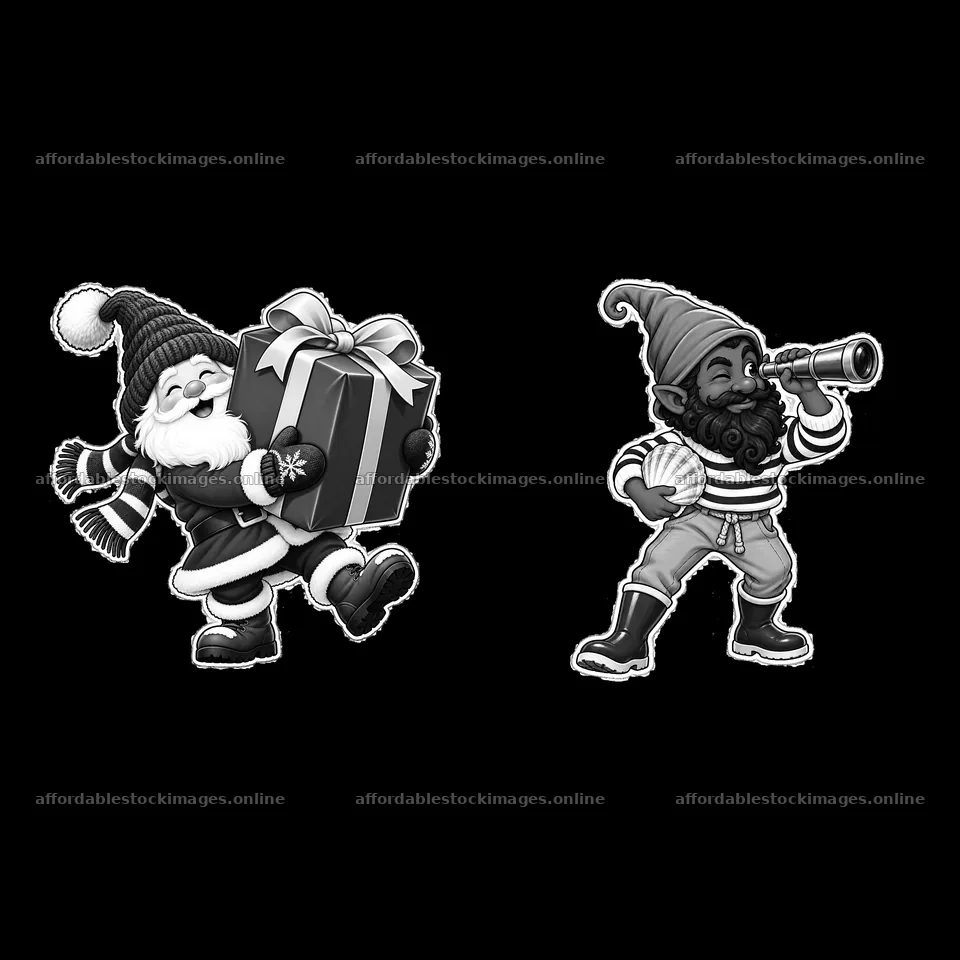 Gnome figures with gift and telescope in playful arrangement – stock images 7746x7746