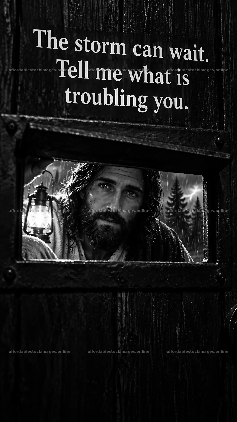 Jesus Christ comforting a person through a door – stock images 5811x10326
