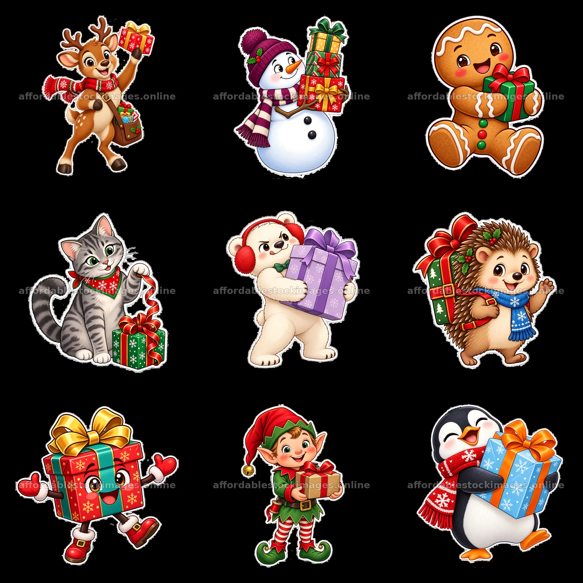 Cute animals and characters with Christmas presents in a grid – stock images 7746x7746
