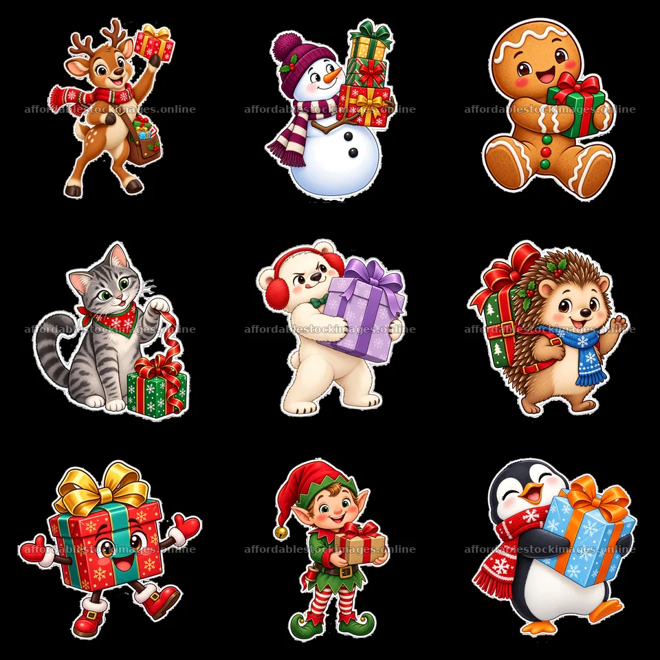 Cute animals and characters with Christmas presents in a grid – stock images 7746x7746