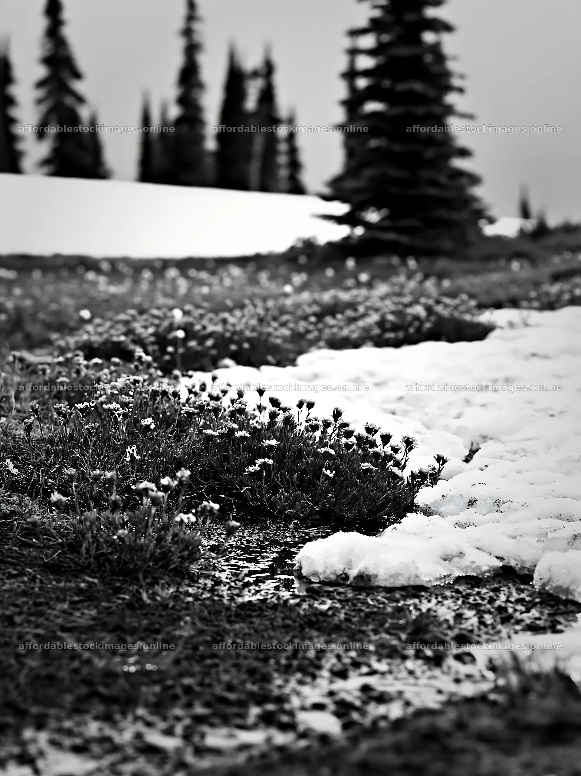 Snowmelt reveals meadow with flowers and trees in winter – stock images 6866x9174