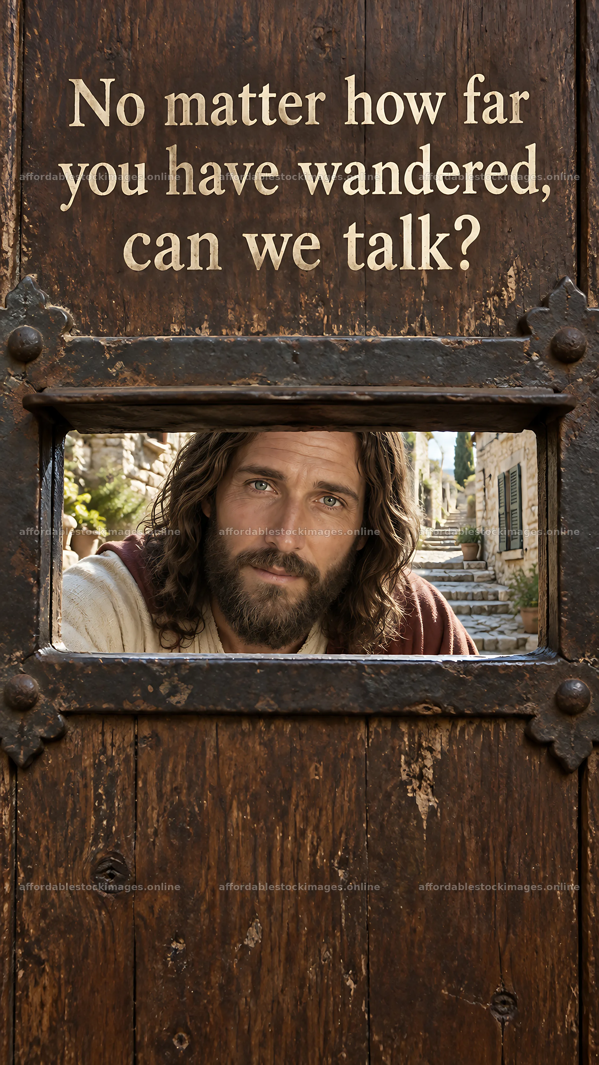 Jesus Christ inviting conversation through a door – stock images 5811x10326