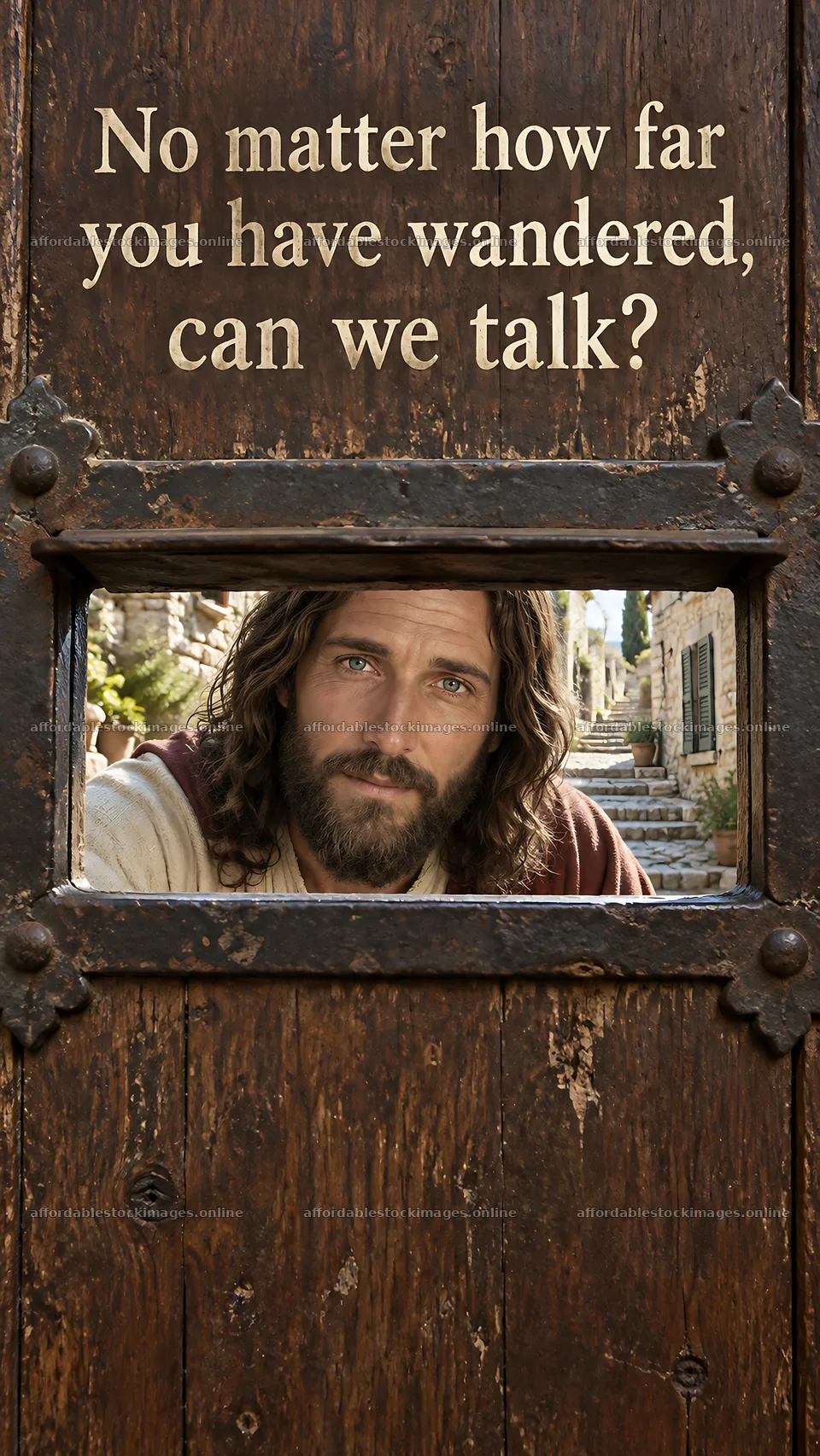 Jesus Christ inviting conversation through a door – stock images 5811x10326