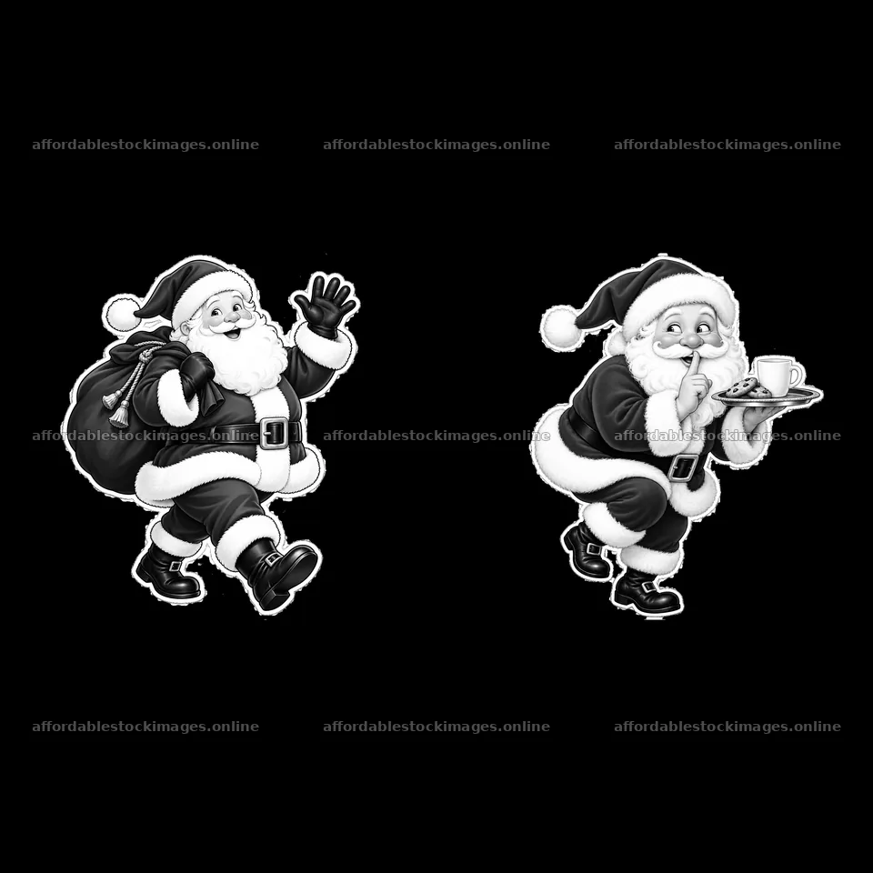 Santa Claus waving and holding cookies in monochrome stickers – stock images 7746x7746