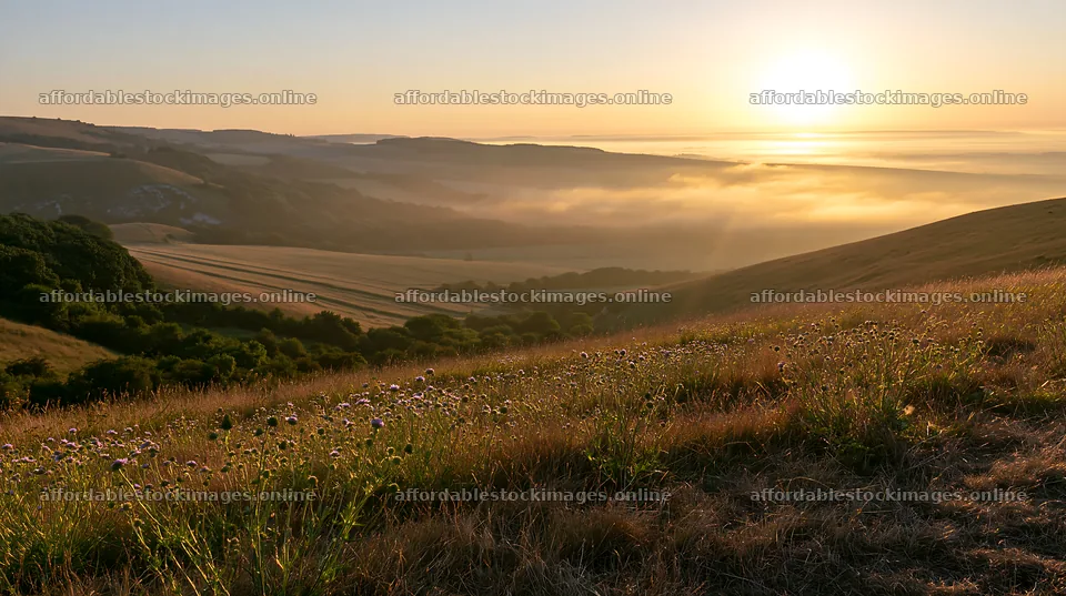 Sunny chalk meadow at sunrise with distant hills – stock images 10608x5938