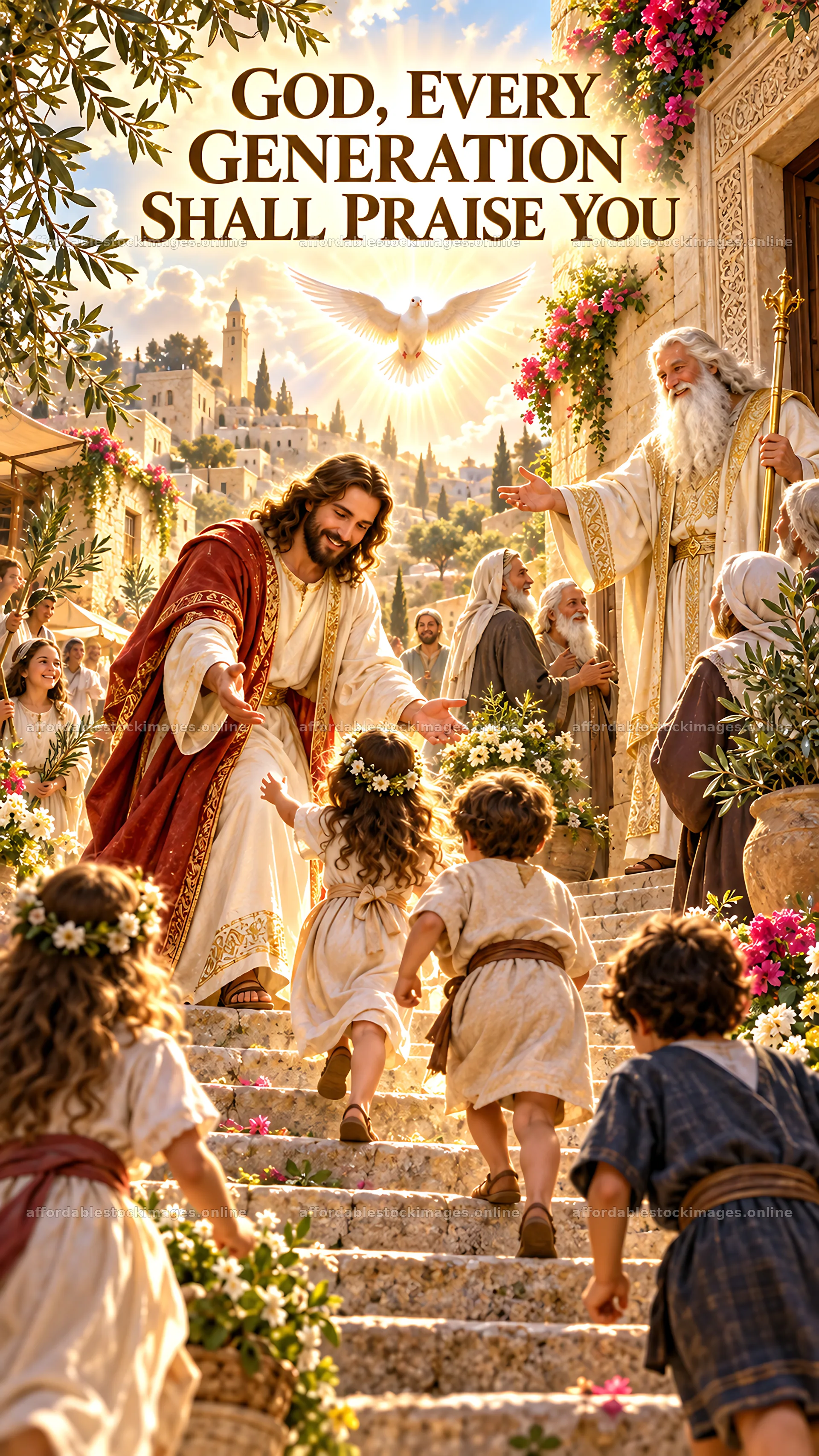 Jesus Christ welcomes children in a joyful setting – stock images 5811x10326