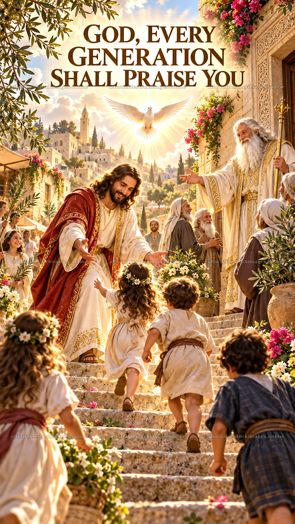 Jesus Christ welcomes children in a joyful setting – stock images 5811x10326