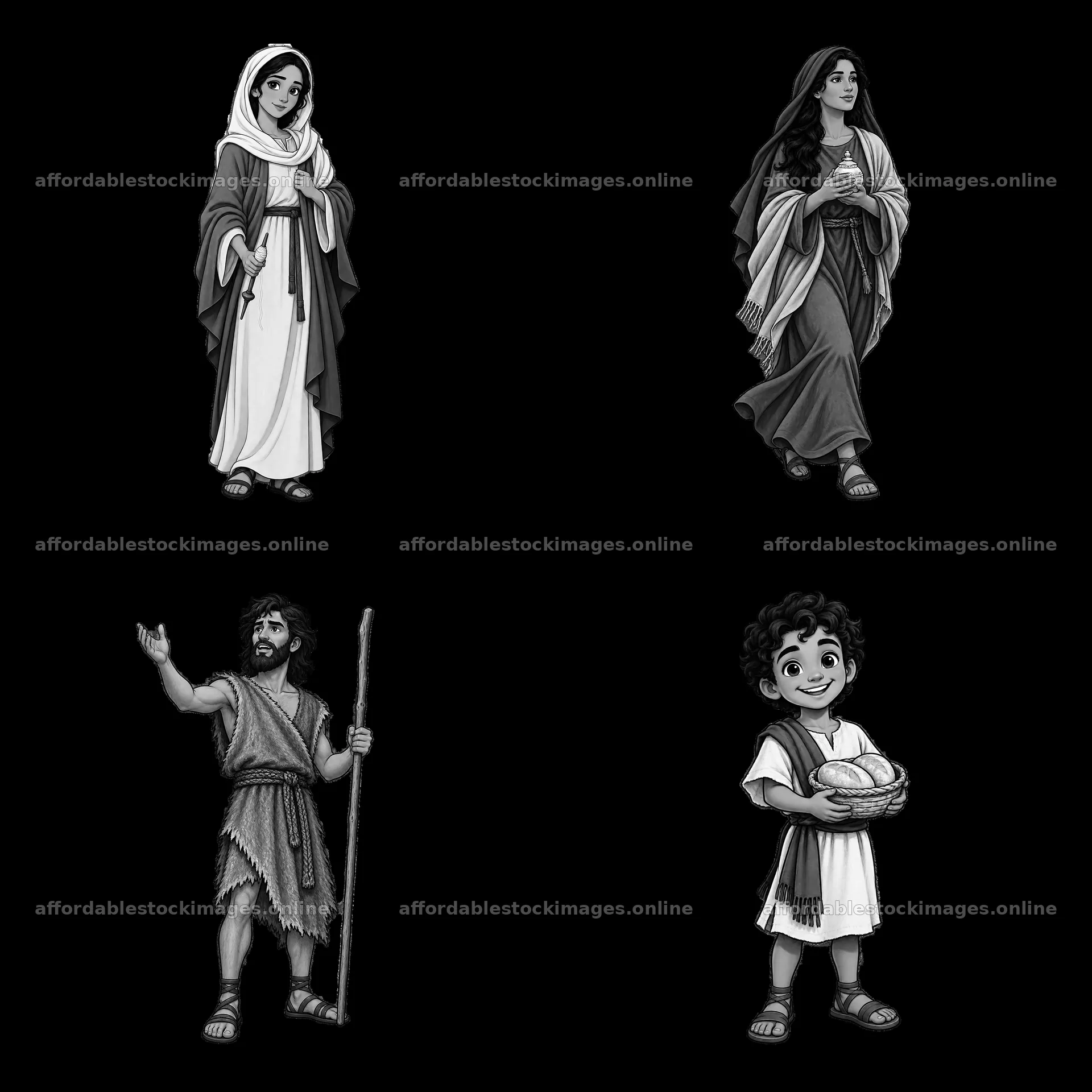 Cartoon stickers of biblical figures in a 2x2 layout – stock images 7746x7746