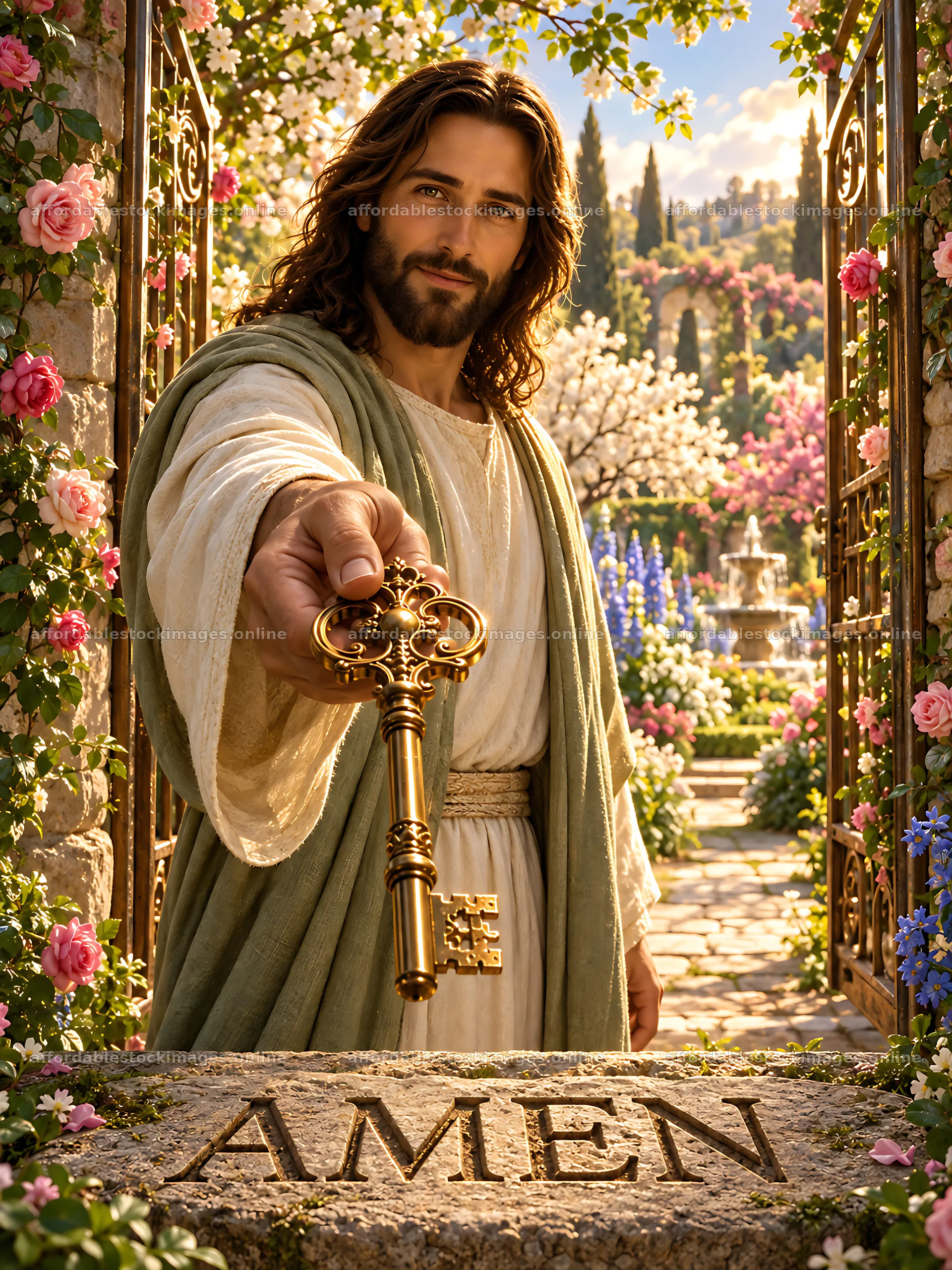 Man with key standing at garden gate – stock images 6872x9168