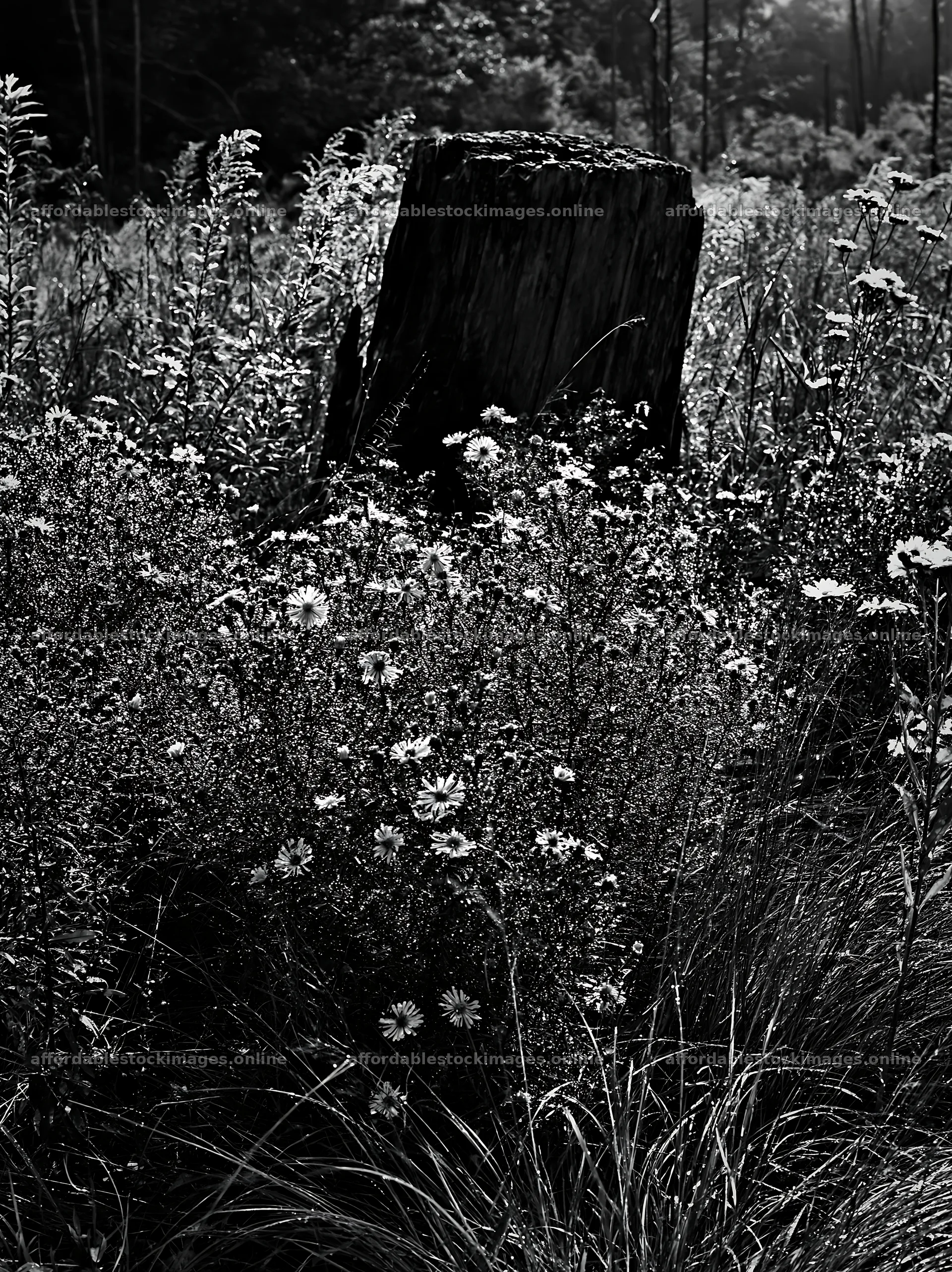 Fukushima native meadow with weathered stump – stock images 6866x9174