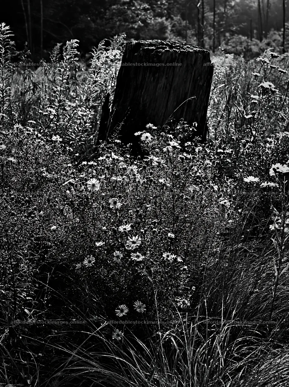 Fukushima native meadow with weathered stump – stock images 6866x9174