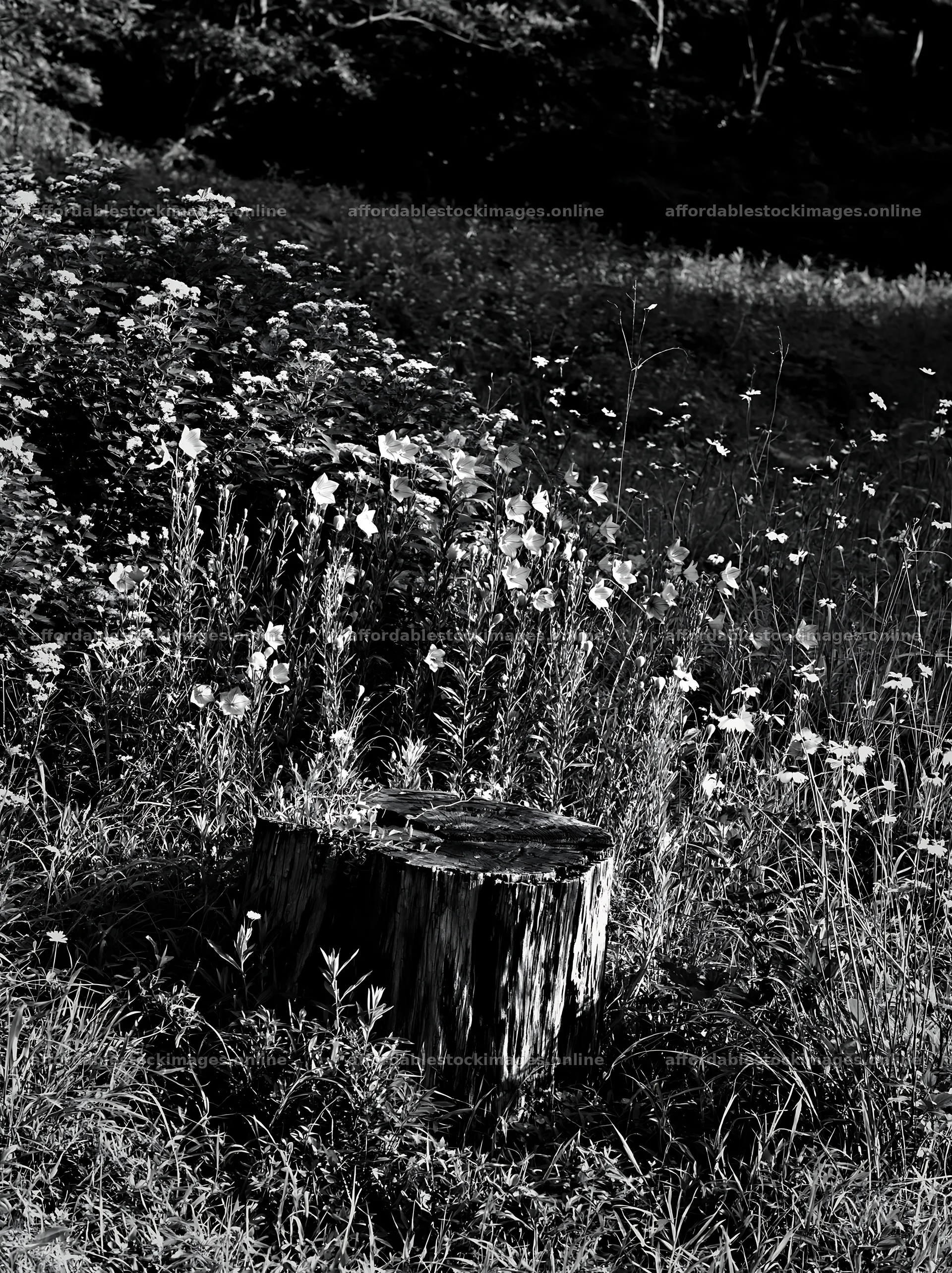 Fukushima native meadow with weathered stump – stock images 6866x9174