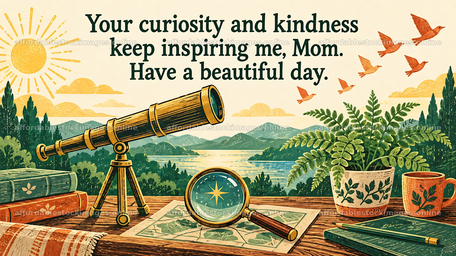 Mother's Day Greeting with Telescope and Map – stock images 10324x5812