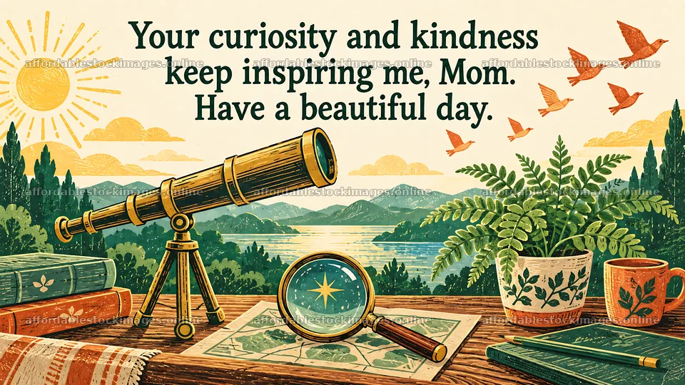 Mother's Day Greeting with Telescope and Map – stock images 10324x5812