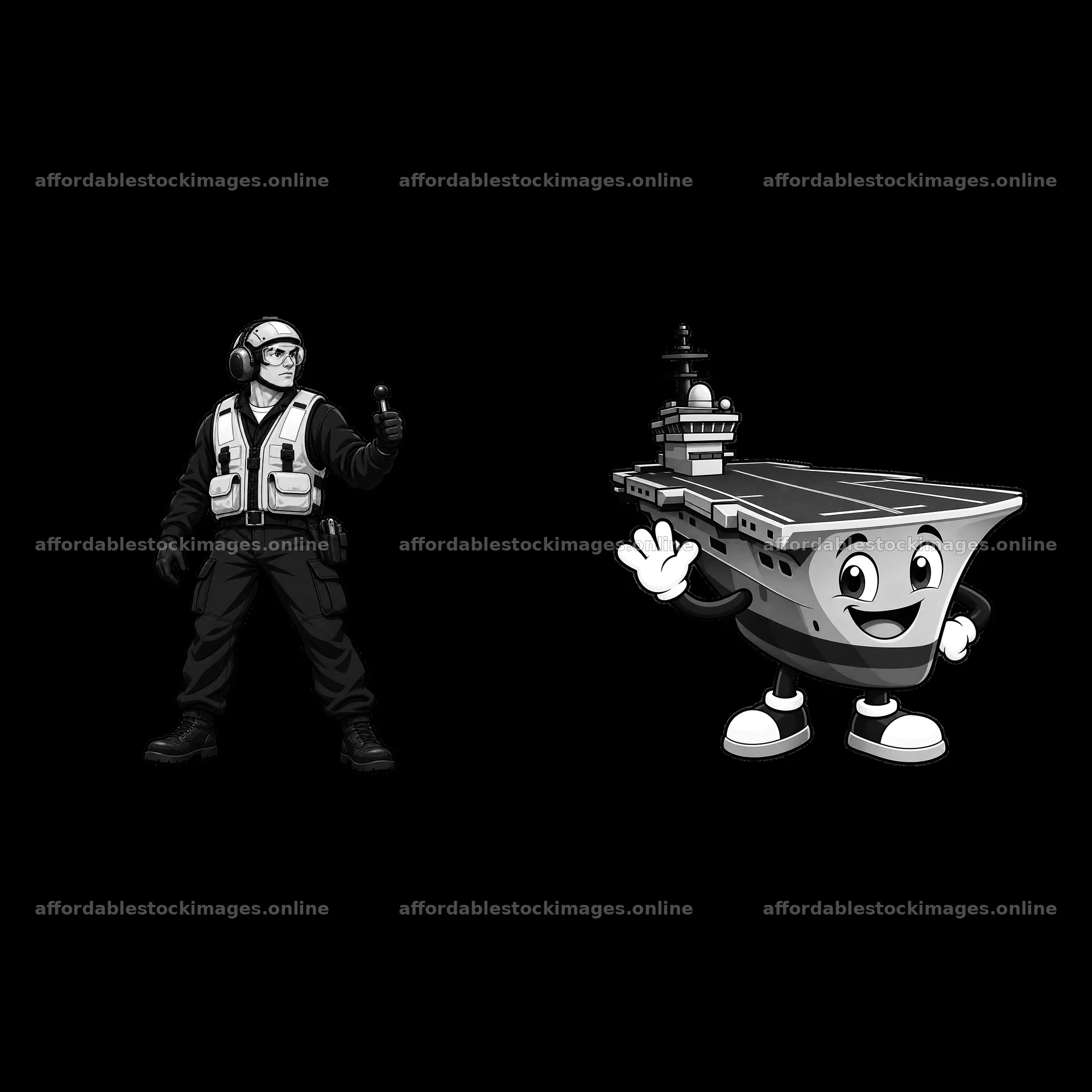 Cartoon aircraft carrier and sailor character illustration set – stock images 7746x7746