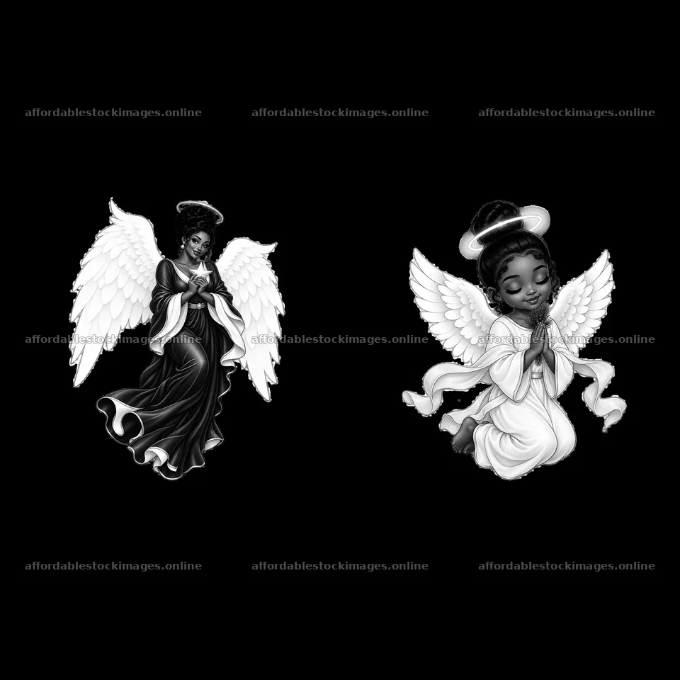Two cartoon angels in black and white for Christmas celebration – stock images 7746x7746